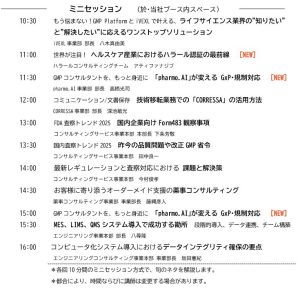 もう悩まない！GMP PlatformとiVEXLで叶える、ライフサイエンス業界の"知りたい" と"解決したい"に応えるワンストップソリューション iVEXL事業部 部長　八木真由美 世界が注目！ ヘルスケア産業におけるハラール認証の最前線 [NEW] ハラールコンサルティングチーム　アティファナジブ GMPコンサルタントを、もっと身近に　｢pharmo.AI｣が変える GxP･規制対応 [NEW] pharmo.AI事業部 部長　高栖光司 コミュニケーション/文書保存　技術移転業務での「CORRESSA」の活用方法 CORRESSA事業部 部長　深池敏光 FDA査察トレンド2025　国内企業向けForm483観察事項 コンサルティングサービス事業本部 本部長 下条芳敬 国内査察トレンド2025　昨今の品質問題や改正GMP省令 コンサルティングサービス事業本部　田中良一 最新レギュレーションと査察対応における 課題と解決策 コンサルティングサービス事業本部　今村俊孝 お客様に寄り添うオーダーメイド支援の薬事コンサルティング 薬事コンサルティング事業部 事業部長　藤縄彦人 GMPコンサルタントを、もっと身近に　｢pharmo.AI｣が変える GxP･規制対応 [NEW] MES、LIMS、QMSシステム導入で成功する勘所　段階的導入、データ連携、チーム構築 エンジニアリング事業本部 部長　八尋隆 コンピュータ化システム導入におけるデータインテグリティ確保の要点 エンジニアリングコンサルティング事業本部 事業部長　坂田憲紀